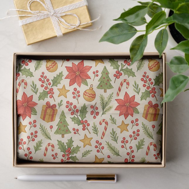 Papel De Seda Padrão Clássico de Poinsettia Botânica Floral (Presente)