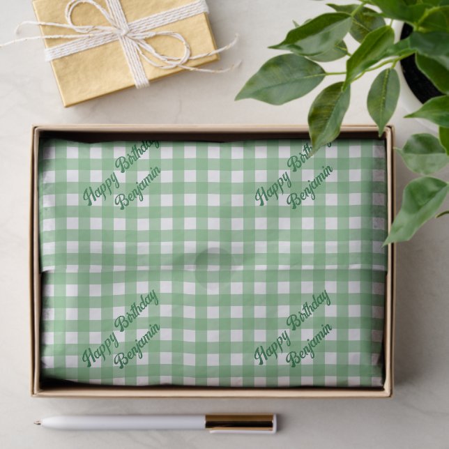 Papel De Seda Padrão Clássico Verde e Branco Gingham (Presente)