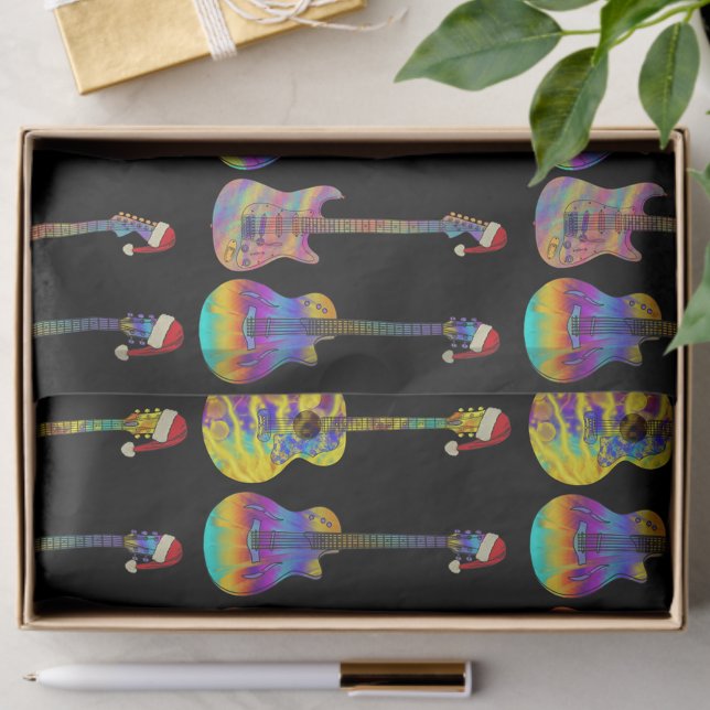 Papel De Seda Padrão Colorido de Guitarra de Natal (Colorful guitar pattern christmas wrapping tissue paper For guitarists musicians and music shops)