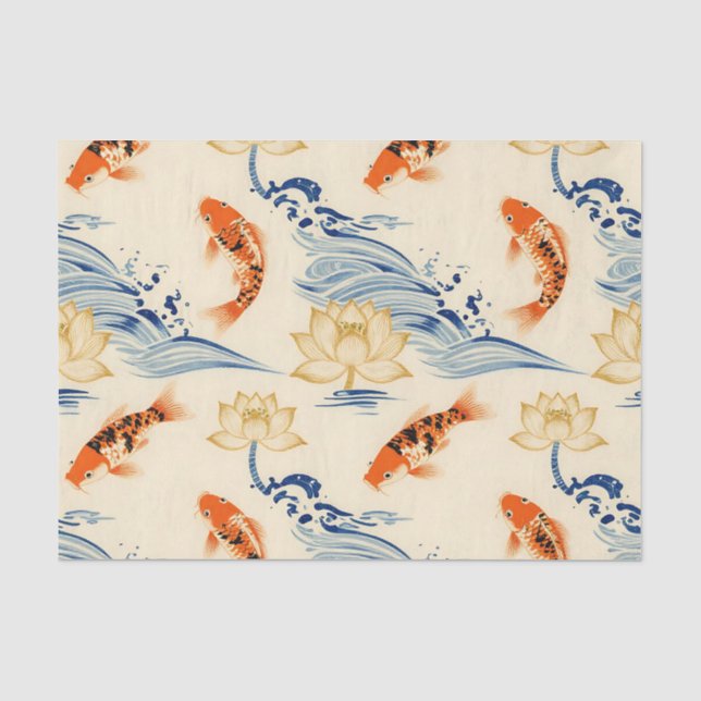 Papel De Seda Padrão contínuo de peixes Koi e Lótus (Frente )