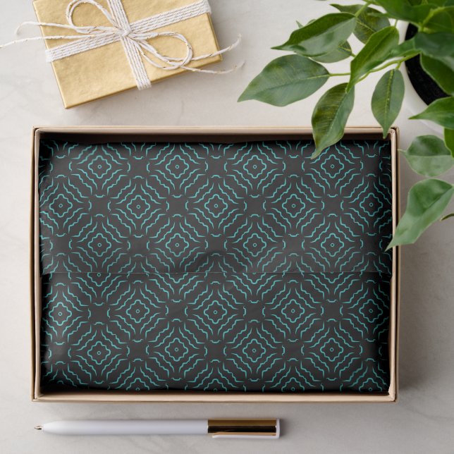 Papel De Seda Padrão contínuo em Turquesa Brilhante sobre Preto (Presente)