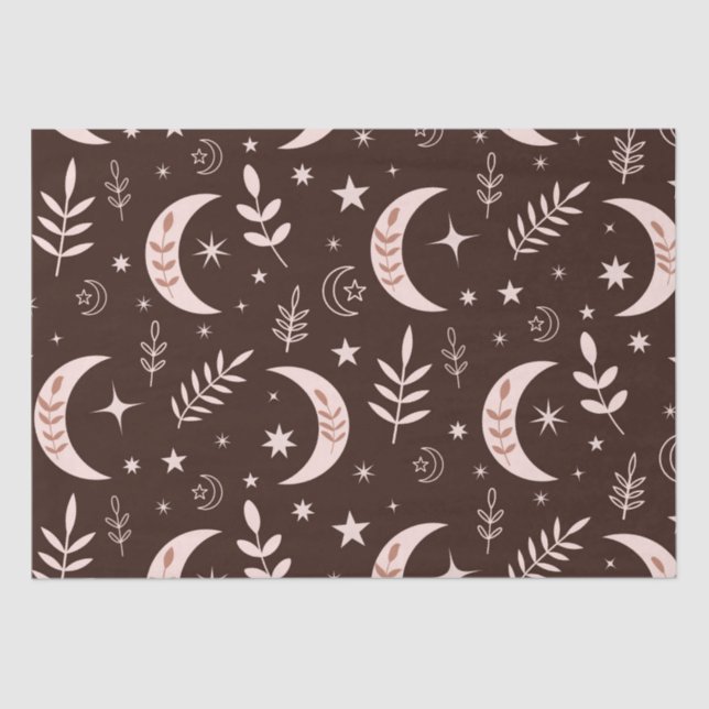 Papel De Seda Padrão da lua de boho com folhas e estrelas (Frente )
