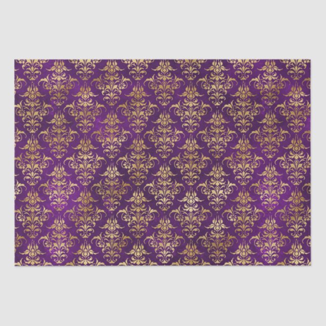 Papel De Seda Padrão Damasco Roxo e Dourado Ornamental (Frente )