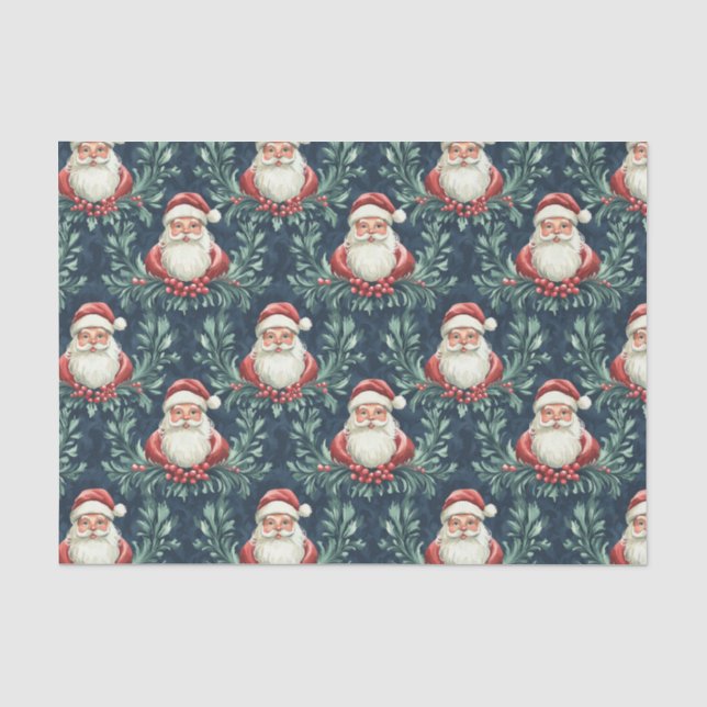 Papel De Seda Padrão Damask com Rostos de Papai Noel (Frente )