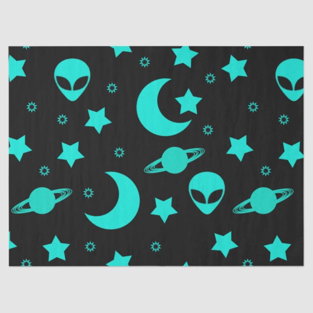 Papel De Seda Padrão de Alien Turquesa com Estrelas e Luas (Frente )
