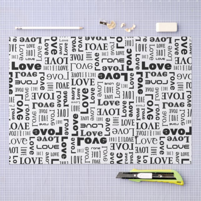 Papel De Seda Padrão de Amor com Letras Pretas  (Arte )