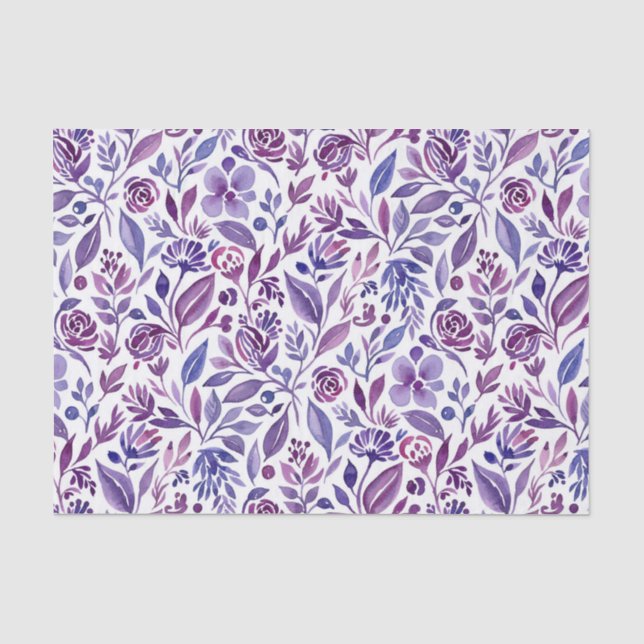 Papel De Seda Padrão de aquarela com flores e folhas roxas (Frente )