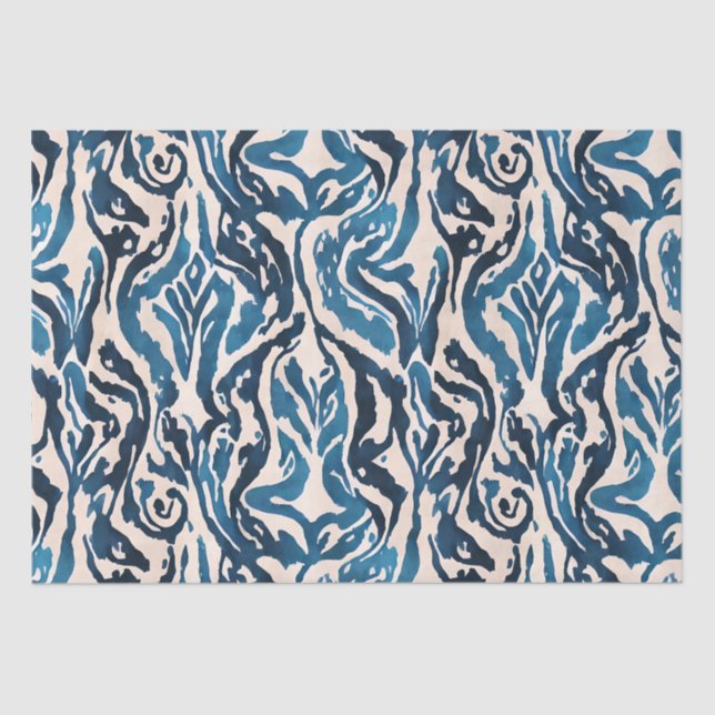 Papel De Seda Padrão de Aquarela de Ikat Azul abstrato (Frente )