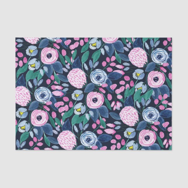 Papel De Seda Padrão de Aquarela do Buquê Floral Azul, Marinho R (Frente )