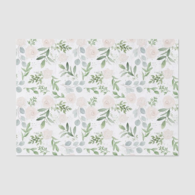 Papel De Seda Padrão de Aquarela Verde e Flores Brancas (Frente )