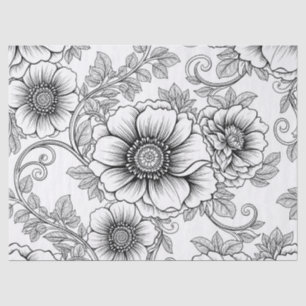 Papel De Seda Padrão de Arte de Linha Floral Preto e Branco Eleg