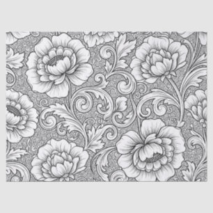Papel De Seda Padrão de Arte de Linha Floral Preto e Branco Eleg