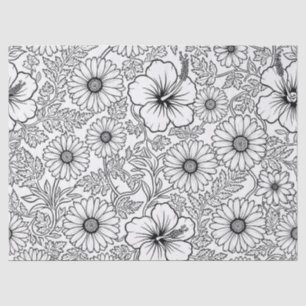 Papel De Seda Padrão de Arte de Linha Floral Preto e Branco Eleg