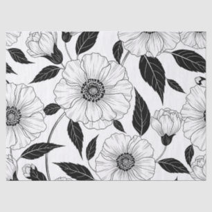 Papel De Seda Padrão de arte de linha floral preto e branco eleg
