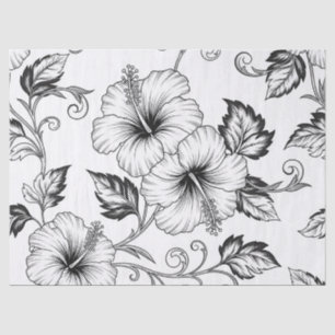 Papel De Seda Padrão de Arte de Linha Floral Preto e Branco Eleg