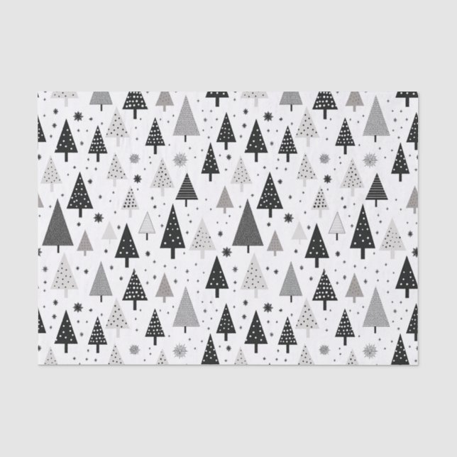 Papel De Seda Padrão de Árvore de Natal preto, branco e Cinza (Frente )