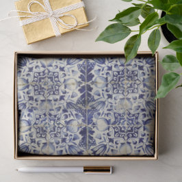Papel De Seda Padrão de Azulejo Branco Geométrico Azul Vintage