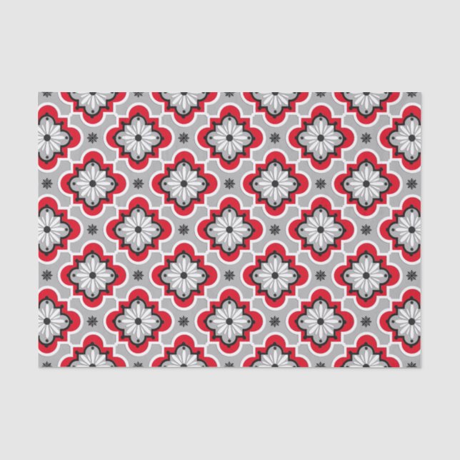 Papel De Seda Padrão de azulejo marroquino - Cinzas e vermelho (Frente )