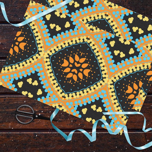 Papel De Seda Padrão de Boho Étnico Negro de Turquesa Laranja (Criador carregado)