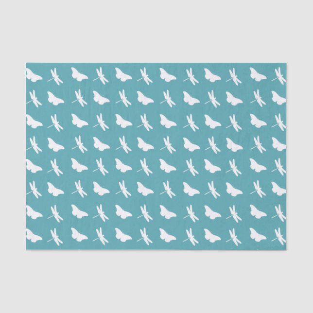 Papel De Seda Padrão de Borboleta e Libélula Azul e Branco (Frente )