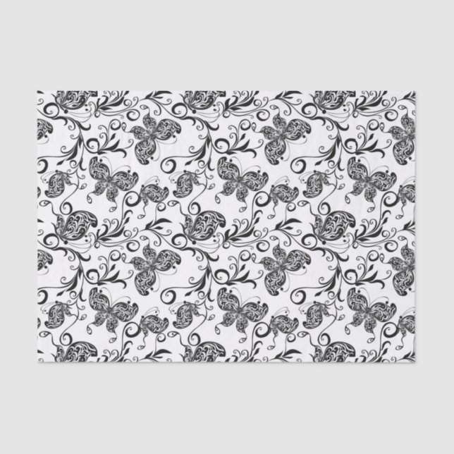 Papel De Seda Padrão de Borboletas e Flores Pretas e Brancas (Frente )