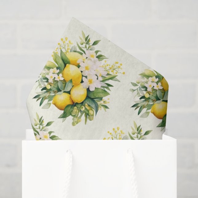 Papel De Seda Padrão de Buquê de Limão com Flores Brancas (Sacola de presentes)