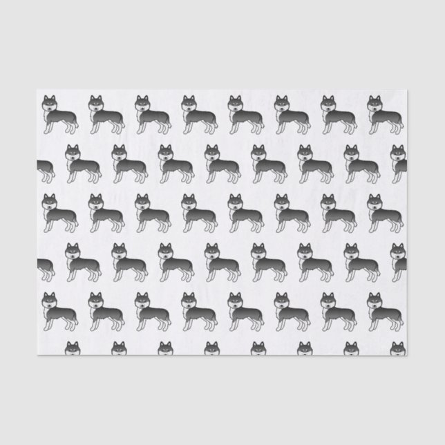 Papel De Seda Padrão de Cachorro Fofo Husky Siberiano Preto e Br (Frente )