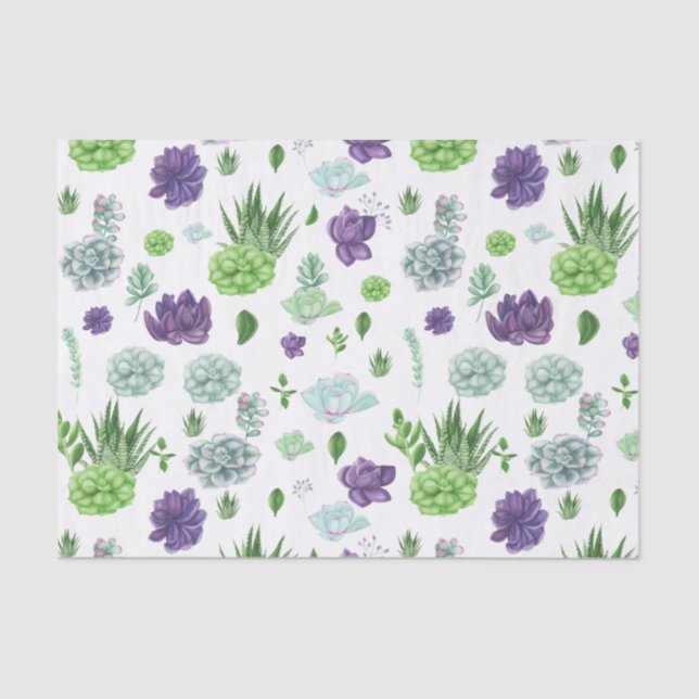 Papel De Seda Padrão de Cactos Verde e Roxo (Frente )