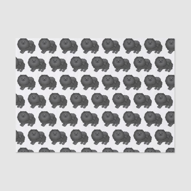 Papel De Seda Padrão de Cão de Cartoon Pomerano-Negro (Frente )