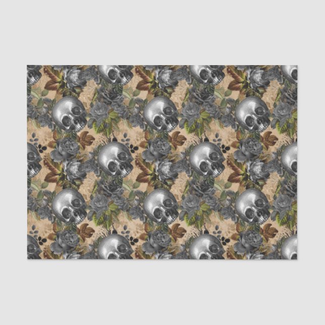 Papel De Seda Padrão de Caveiras e Rosas Prateadas (Frente )