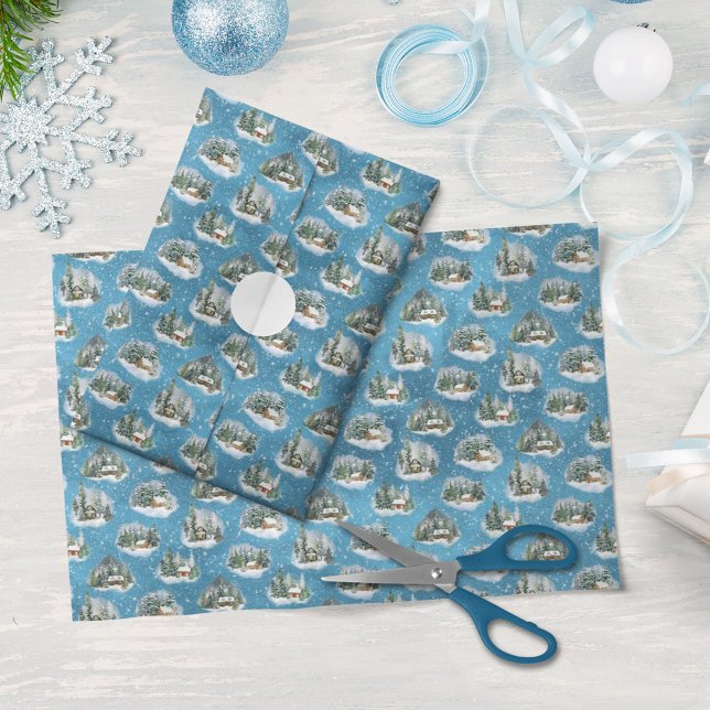 Papel De Seda Padrão de Cena de Neve de Natal em Aquarela (Criador carregado)