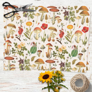 Papel De Seda Padrão de Cogumelo e Flor Silvestre Vintage