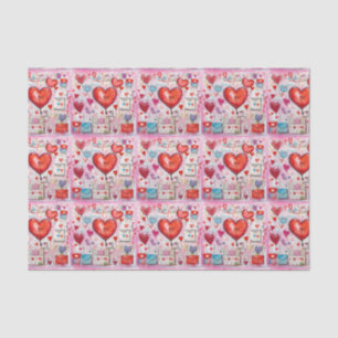 Papel De Seda Padrão de Corações Cômicos e Letras de Amor