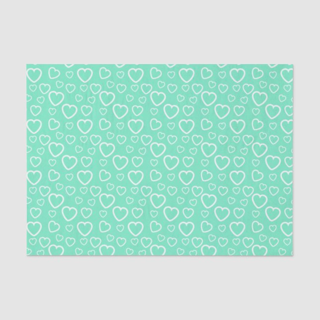 Papel De Seda Padrão de Corações de Amor Verde Menta e Branco (Frente )
