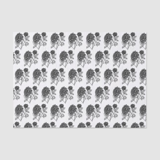 Papel De Seda Padrão de Dahlia Preta e Branca (Frente )