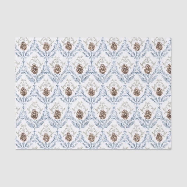 Papel De Seda Padrão de Damasco Azul Claro com Pinhas (Frente )