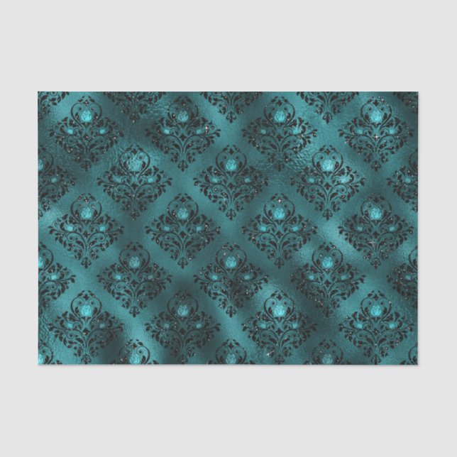 Papel De Seda Padrão de Damasco com Glitter Glam em Tom de Azul  (Frente )