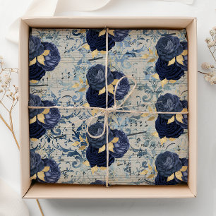 Papel De Seda Padrão de Damasco Floral Azul Dourado Vintage