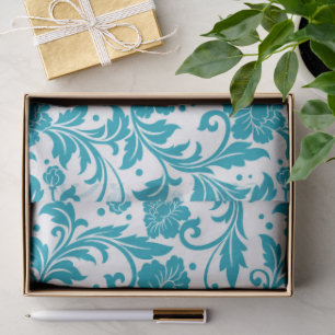 Papel De Seda Padrão de damasco floral turquesa e branco