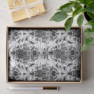 Papel De Seda Padrão de damasco ornamental vintage branco e pret