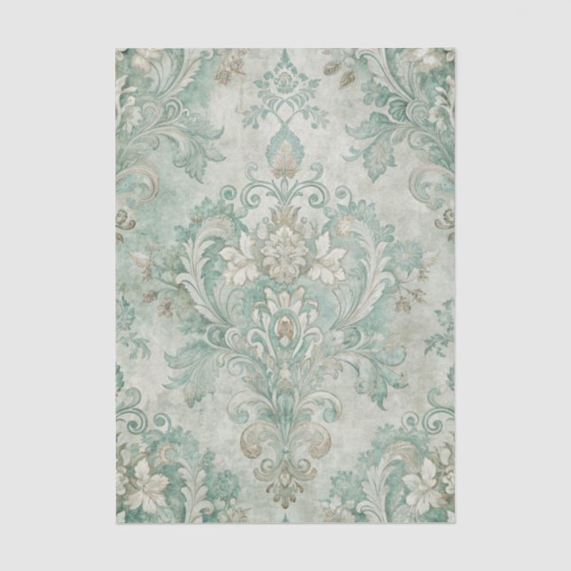 Papel De Seda Padrão de Damasco Sujo em Tons de Verde Azulado (Frente )