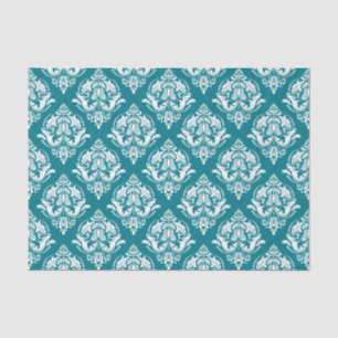 Papel De Seda Padrão de Damascos de Vintagem Branca e Teal