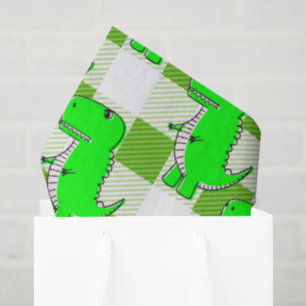 Papel De Seda Padrão de Dino Tartan, Xadrez Verde e Branco