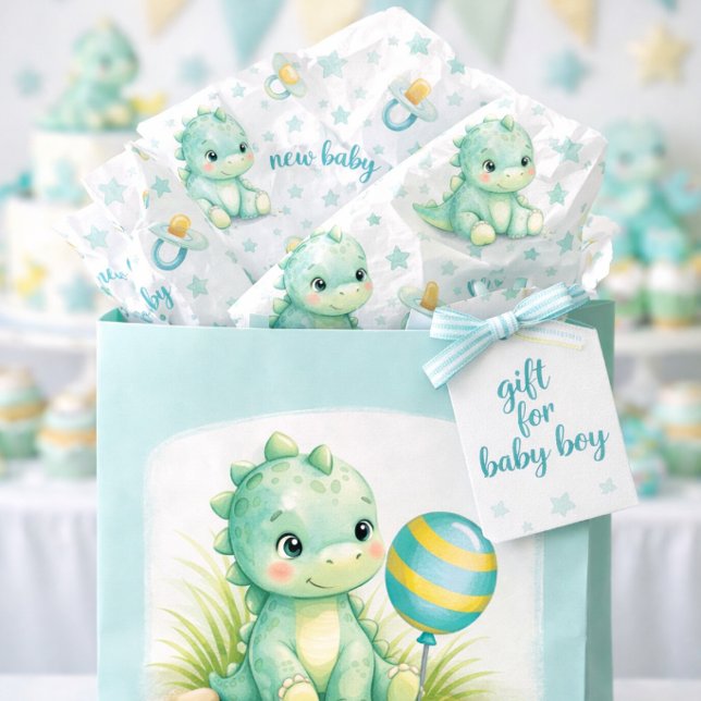 Papel De Seda Padrão de Dinossauro Azul Verde Azul e Branco   (Criador carregado)
