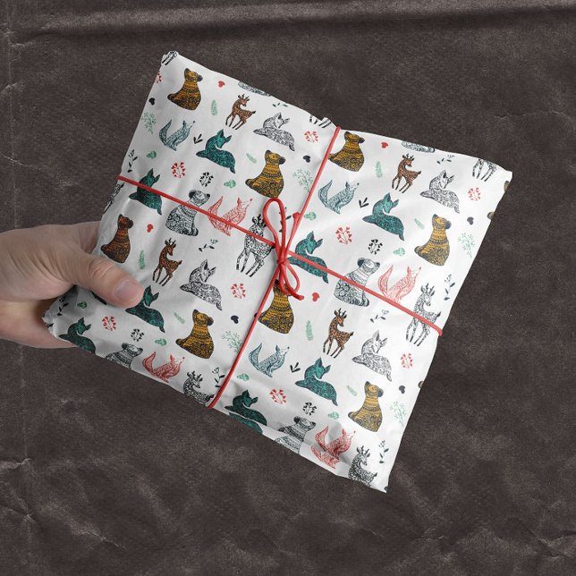 Papel De Seda Padrão de Doodle Animal Forest | Branco (Criador carregado)