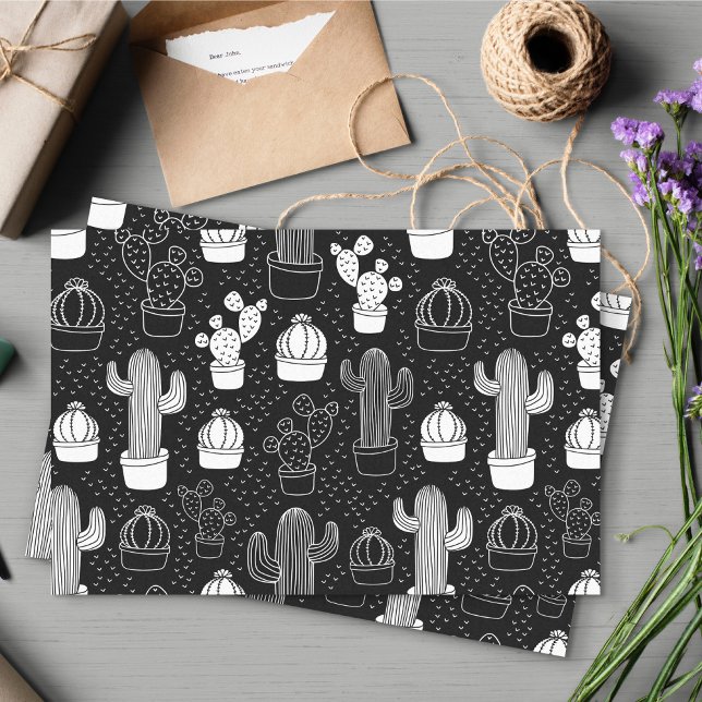 Papel De Seda Padrão de Doodle do Cactus Preto e Branco (Black and White Doodle Cactus Pattern Tissue Paper)