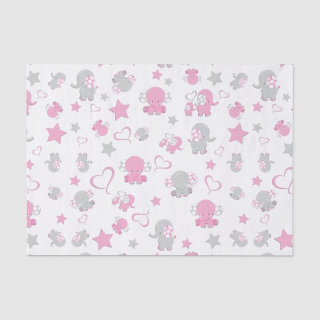 Papel De Seda Padrão de Elefante Bebê Rosa e Cinza  (Frente )