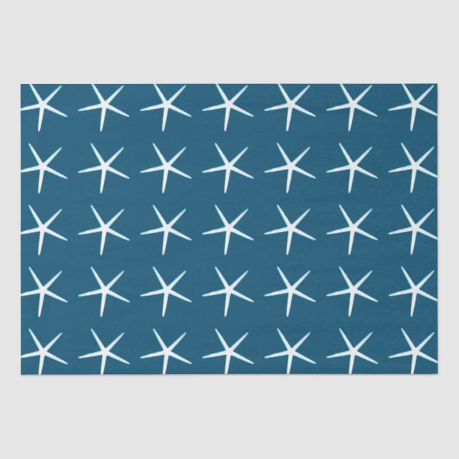 Papel De Seda Padrão de Estrela-do-Mar Branco Azul Fofo Elegante (Frente )