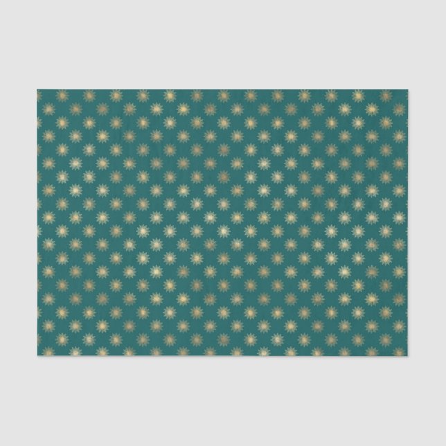 Papel De Seda Padrão de Estrela em Folha Dourada e Turquesa (Frente )