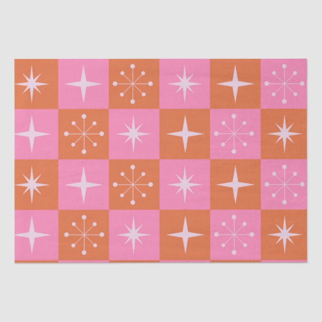 Papel De Seda Padrão de estrelas retrô xadrez rosa laranja (Frente )